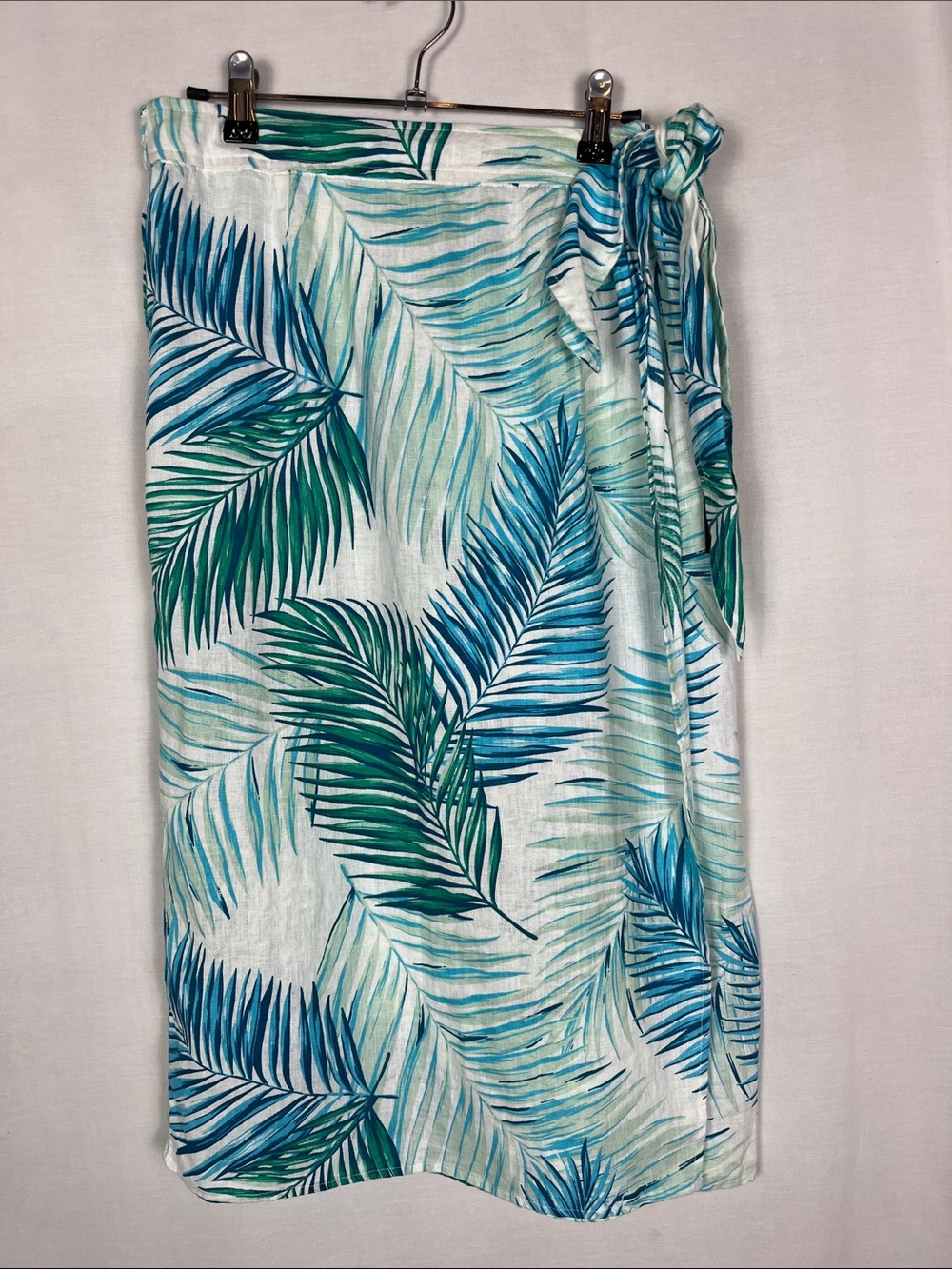 NWT Tahari 100% Linen Blue and Green Tropical Leaf Midi Faux Wrap Skirt